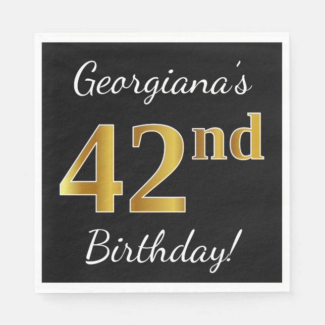 Black, Faux Gold 42nd Birthday + Custom Name Napkin (Front)