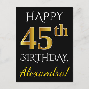 Black, Faux Gold 45th Birthday + Custom Name Postcard