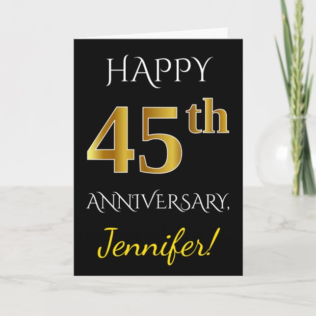 Black, Faux Gold 45th Wedding Anniversary + Name Card (Front)