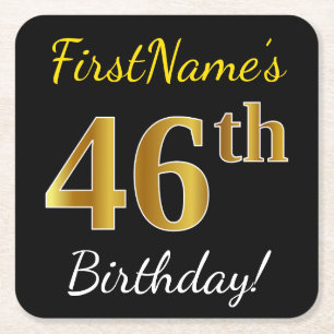 Black, Faux Gold 46th Birthday + Custom Name Square Paper Coaster
