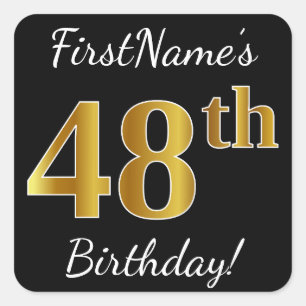 Black, Faux Gold 48th Birthday + Custom Name Square Sticker