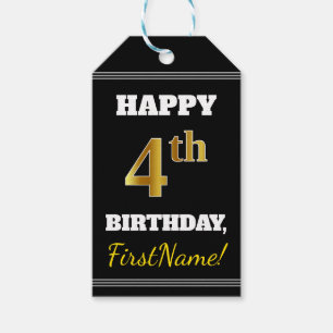 Black, Faux Gold 4th Birthday + Custom Name Gift Tags