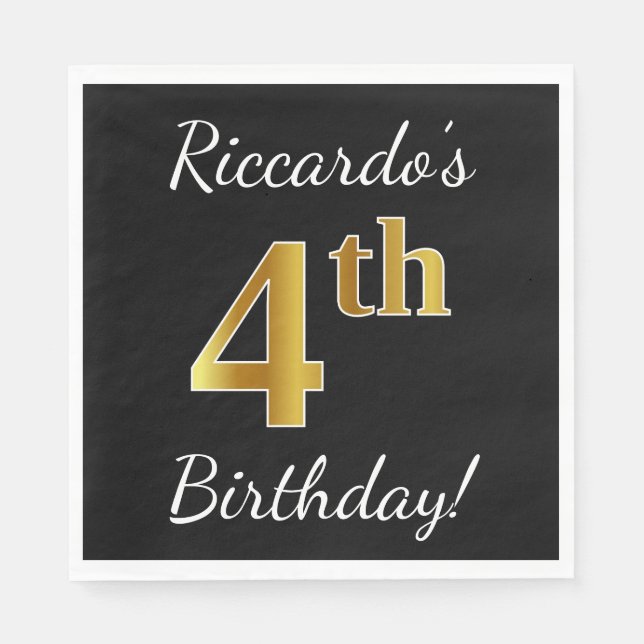 Black, Faux Gold 4th Birthday + Custom Name Napkin (Front)