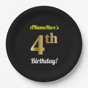Black, Faux Gold 4th Birthday + Custom Name Paper Plate