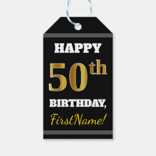Black, Faux Gold 50th Birthday + Custom Name Gift Tags