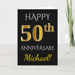 Black, Faux Gold 50th Wedding Anniversary + Name Card