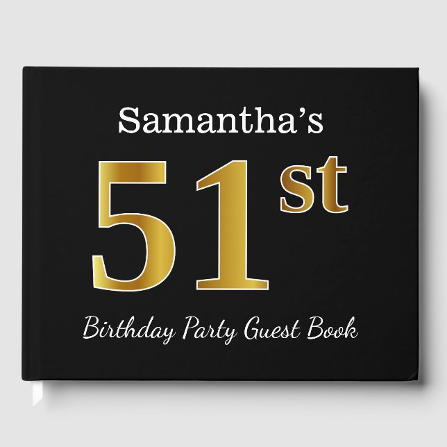 Black, Faux Gold 51st Birthday Party + Custom Name Guest Book (Front)
