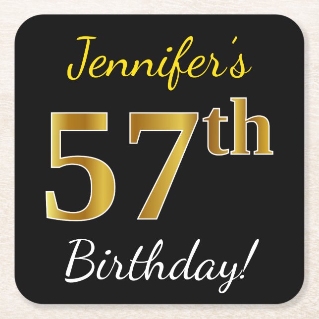 Black, Faux Gold 57th Birthday + Custom Name Square Paper Coaster (Front)