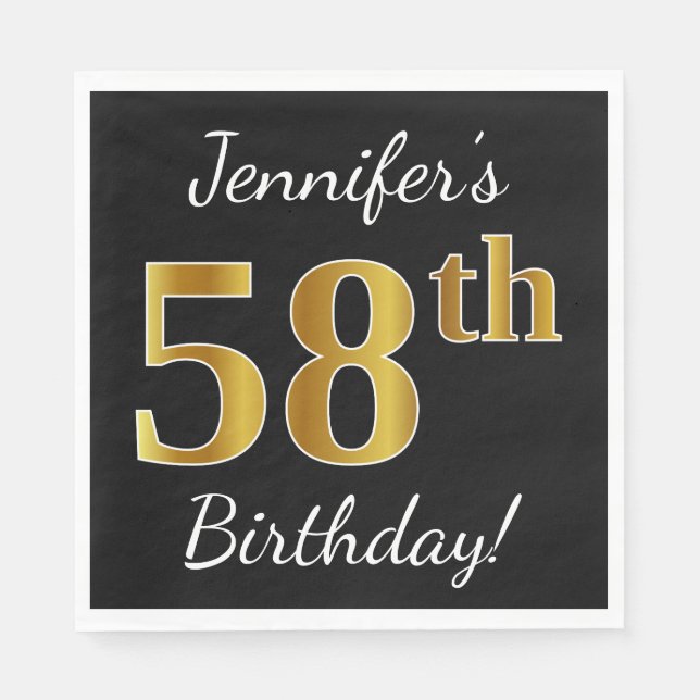 Black, Faux Gold 58th Birthday + Custom Name Napkin (Front)