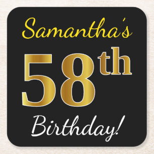 Black, Faux Gold 58th Birthday + Custom Name Square Paper Coaster