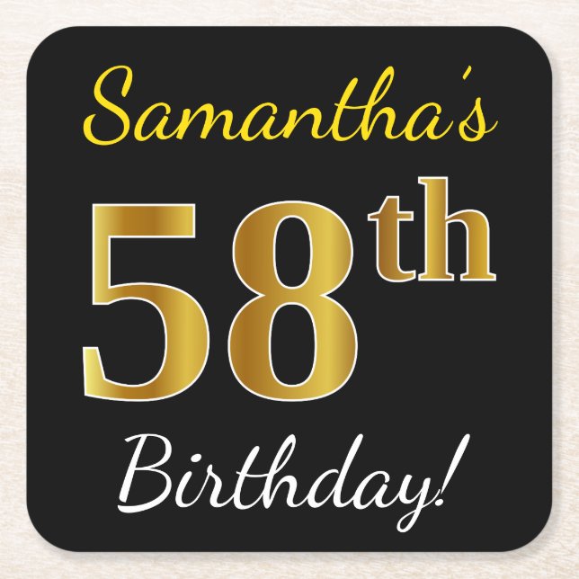 Black, Faux Gold 58th Birthday + Custom Name Square Paper Coaster (Front)