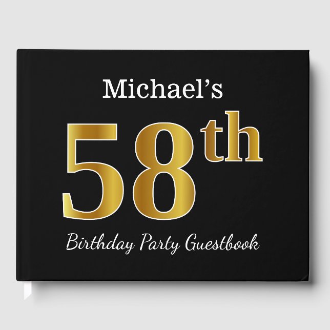 Black, Faux Gold 58th Birthday Party + Custom Name Guest Book (Front)