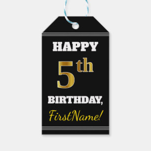 Black, Faux Gold 5th Birthday + Custom Name Gift Tags