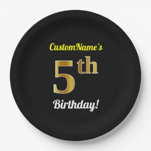 Black, Faux Gold 5th Birthday + Custom Name Paper Plate