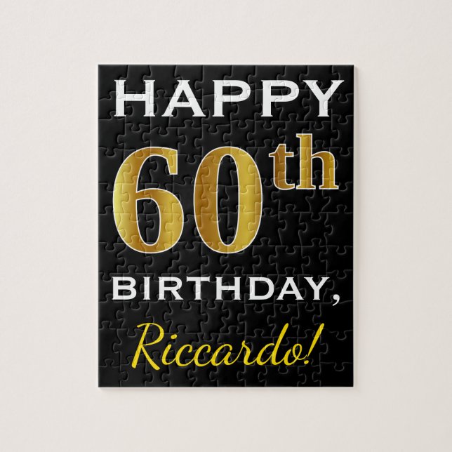 Black, Faux Gold 60th Birthday + Custom Name Jigsaw Puzzle (Vertical)