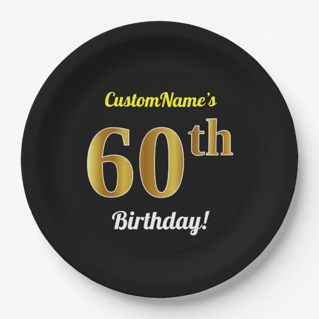 Black, Faux Gold 60th Birthday + Custom Name Paper Plate (Front)