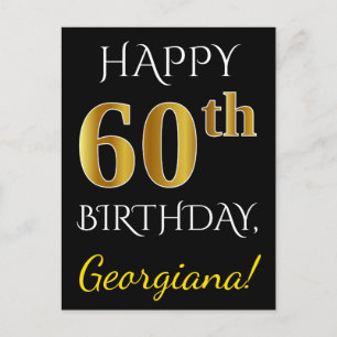 Black, Faux Gold 60th Birthday + Custom Name Postcard