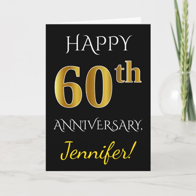 Black, Faux Gold 60th Wedding Anniversary + Name Card (Front)