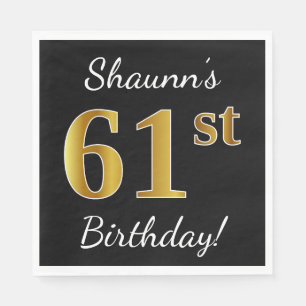 Black, Faux Gold 61st Birthday + Custom Name Napkin