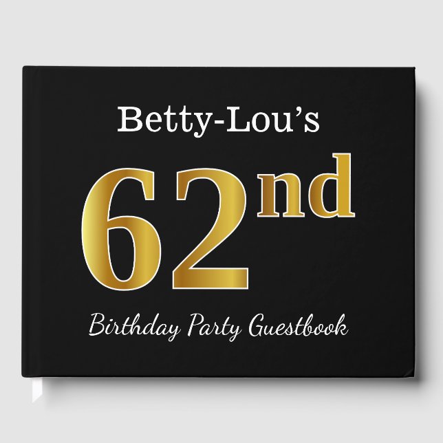 Black, Faux Gold 62nd Birthday Party + Custom Name Guest Book (Front)