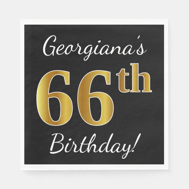 Black, Faux Gold 66th Birthday + Custom Name Napkin (Front)