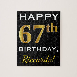 Black, Faux Gold 67th Birthday + Custom Name Jigsaw Puzzle