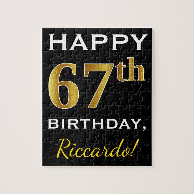 Black, Faux Gold 67th Birthday + Custom Name Jigsaw Puzzle (Vertical)