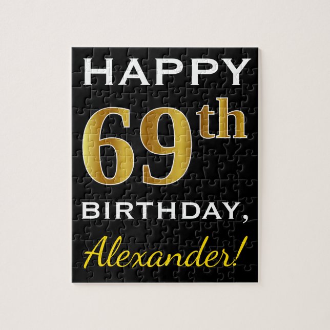 Black, Faux Gold 69th Birthday + Custom Name Jigsaw Puzzle (Vertical)