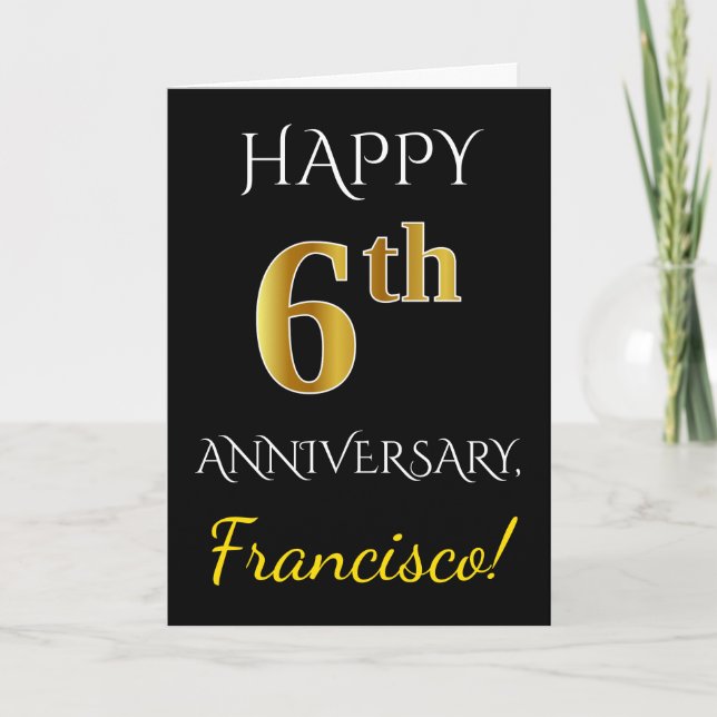 Black, Faux Gold 6th Wedding Anniversary + Name Card (Front)