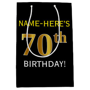 Black, Faux Gold 70th Birthday + Custom Name Medium Gift Bag