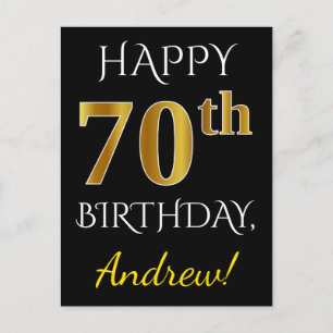 Black, Faux Gold 70th Birthday + Custom Name Postcard