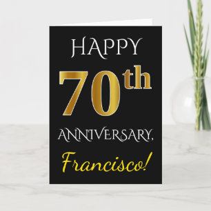 Black, Faux Gold 70th Wedding Anniversary + Name Card