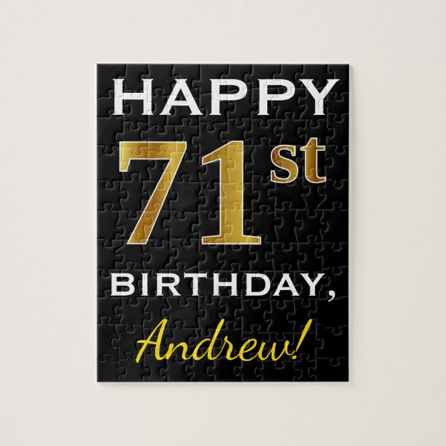 Black, Faux Gold 71st Birthday + Custom Name Jigsaw Puzzle (Vertical)