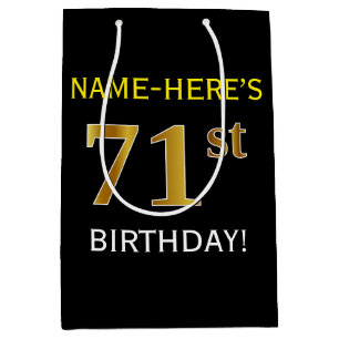 Black, Faux Gold 71st Birthday + Custom Name Medium Gift Bag