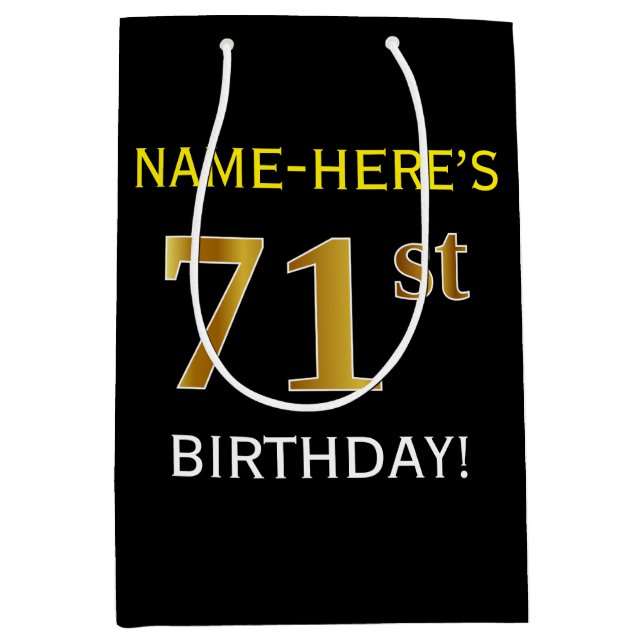 Black, Faux Gold 71st Birthday + Custom Name Medium Gift Bag (Front)