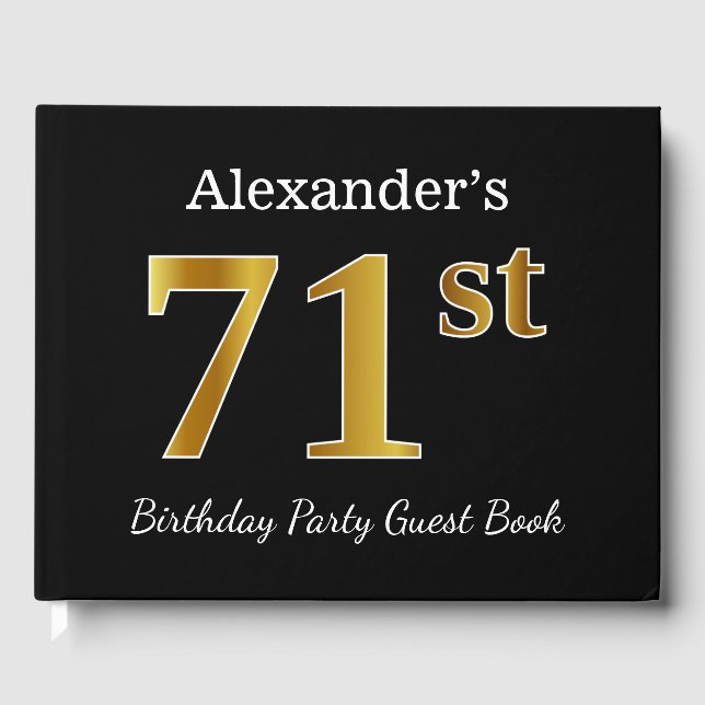 Black, Faux Gold 71st Birthday Party + Custom Name Guest Book (Front)