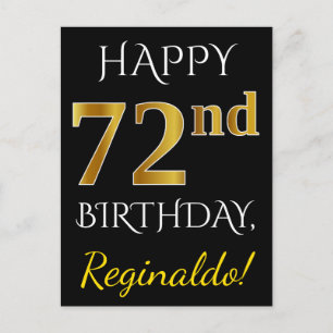 Black, Faux Gold 72nd Birthday + Custom Name Postcard