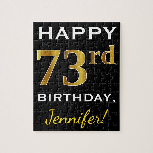 Black, Faux Gold 73rd Birthday + Custom Name Jigsaw Puzzle (Vertical)