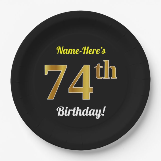 Black, Faux Gold 74th Birthday + Custom Name Paper Plate (Front)