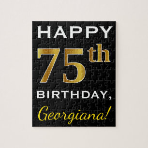 Black, Faux Gold 75th Birthday + Custom Name Jigsaw Puzzle
