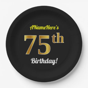 Black, Faux Gold 75th Birthday + Custom Name Paper Plate