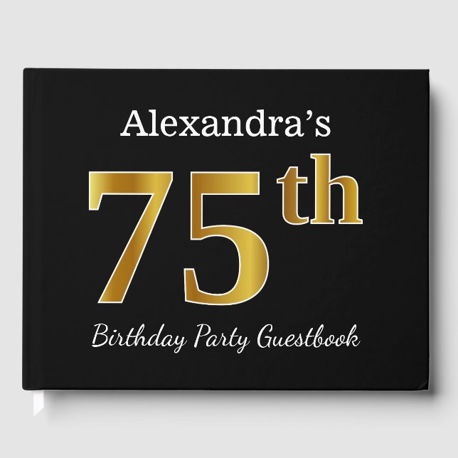 Black, Faux Gold 75th Birthday Party + Custom Name Guest Book (Front)