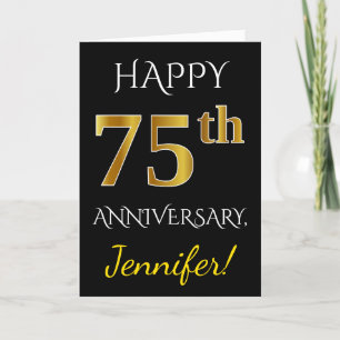 Black, Faux Gold 75th Wedding Anniversary + Name Card