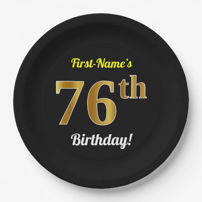 Black, Faux Gold 76th Birthday + Custom Name Paper Plate (Front)