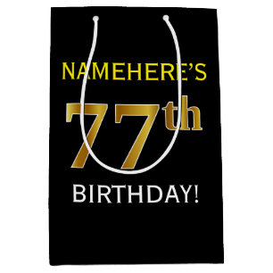 Black, Faux Gold 77th Birthday + Custom Name Medium Gift Bag