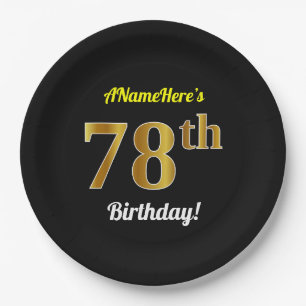 Black, Faux Gold 78th Birthday + Custom Name Paper Plate