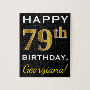 Black, Faux Gold 79th Birthday + Custom Name Jigsaw Puzzle