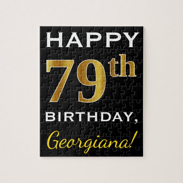 Black, Faux Gold 79th Birthday + Custom Name Jigsaw Puzzle (Vertical)