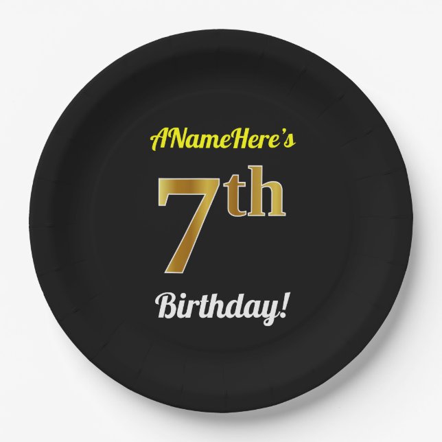 Black, Faux Gold 7th Birthday + Custom Name Paper Plate (Front)
