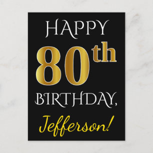 Black, Faux Gold 80th Birthday + Custom Name Postcard